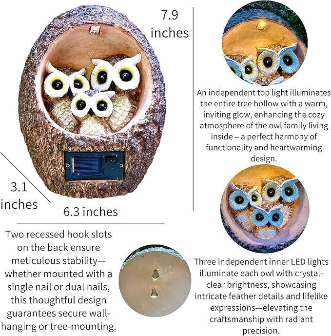 Garden Owl Family Tree Hugger Statue Solar Powered Outdoor Wall Mounted Figurine Light Resin Sculpture Home Decoration Housewarming Ornament Unique Gift-Ruum Studio Home