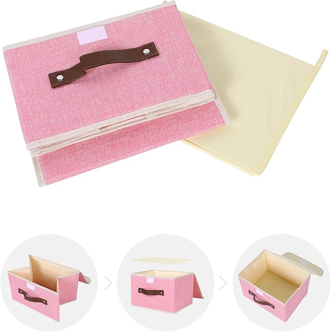 ANMINY Storage Bin with Lid Storage Boxes with PU Leather Handles PP Plastic Board Decorative Foldable Lidded Cotton Linen Fabric Home Cubes Baskets Closet Organizer Container - Pink, Small Size-Ruum Studio Home