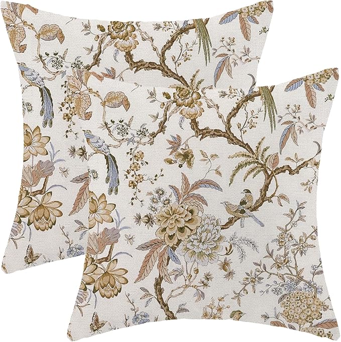 CXMEIFLY Spring Floral Birds Pillow Covers 20 x 20 Inch Set of 2 for Chinoiserie Flowers Decor Throw Pillows Brown and White Plant Outdoor Decorative Cushion Cases for Couch Bed Decorations-Ruum Studio Home