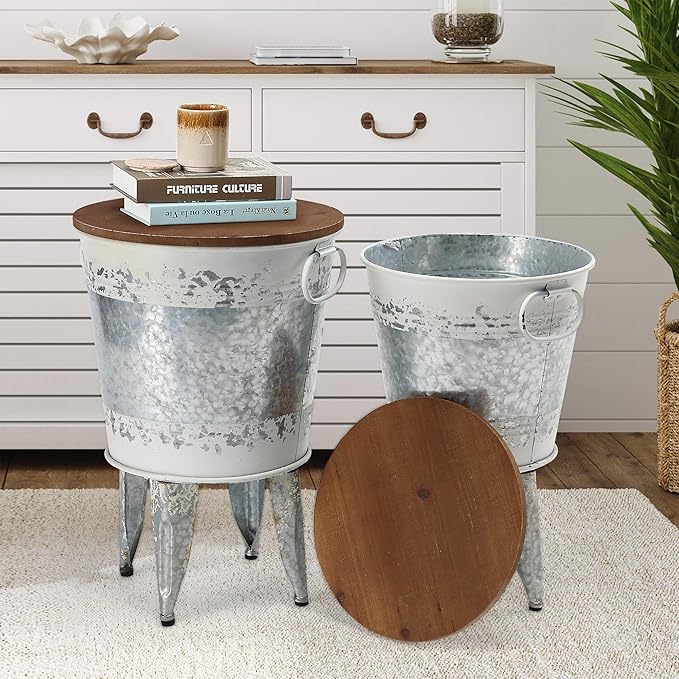 Rustic Storage Farmhouse Accent Side Table, Antique Galvanized Metal End Coffee Cocktail Table Box Bin with Round Wooden Lid Set of 2 (Distressed White)-Ruum Studio Home