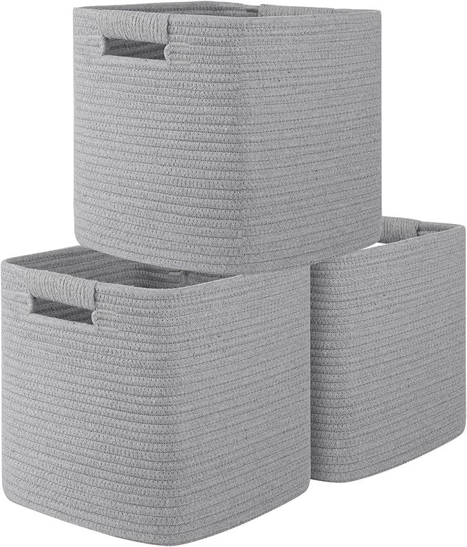 OIAHOMY Storage Cubes 11 Inch Bins-3-Pack, Cotton Rope Woven Baskets for Organizing, Square Storage Baskets for Shelves, Classroom, Kids Toy Bins, Closet, Baby Nursery-Grey-Ruum Studio Home