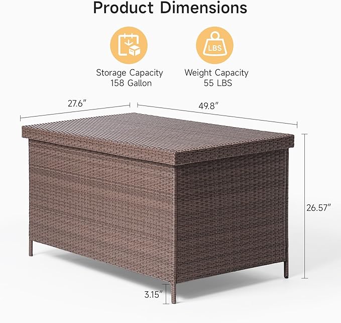 158 Gallon XL Deck Box with Lid, All Weather Wicker Outdoor Storage Box Waterproof, Large Outdoor Patio Storage Bin for Cushions, Garden Tools, Gears, Pool Accessories, Brown-Ruum Studio Home