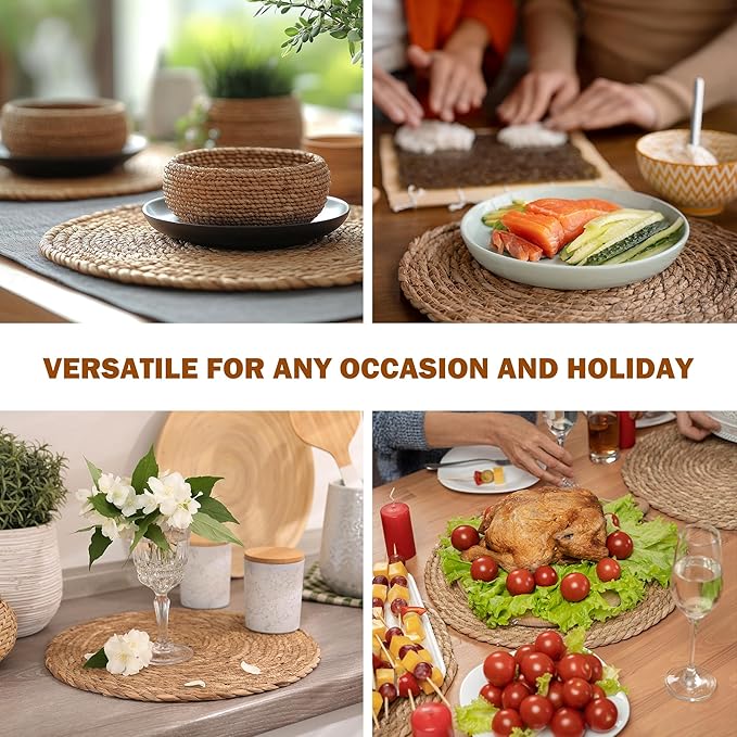 Defined Deco Woven Placemats Set of 10,12" Round Rattan Placemats,Natural Hand-Woven Water Hyacinth Placemats,Farmhouse Weave Place Mats,Rustic Braided Wicker Table Mats for Dining Table,Home,Wedding.-Ruum Studio Home