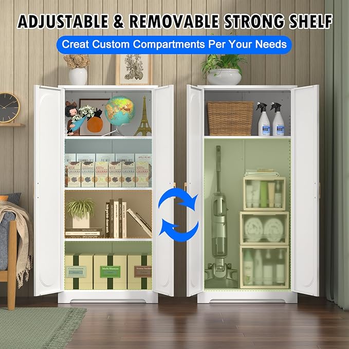 60" Tall Kitchen Pantry Cabinet, Metal Pantry Cabinet with Doors and Adjustable Shelves, White Utility Storage Cabinet with Handles for Dining Room, Bathroom, Laundry Room - Assemble Required-Ruum Studio Home