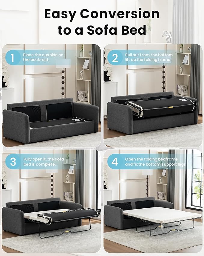 Queen Size Pull Out Sofa Bed, Convertible Sleeper Sofa Couch with Pullout Bed, 2 in 1 Sofa Bed Couch with Memory Foam Mattress for Living Room Office, Space-Saving, Dark Grey-Ruum Studio Home