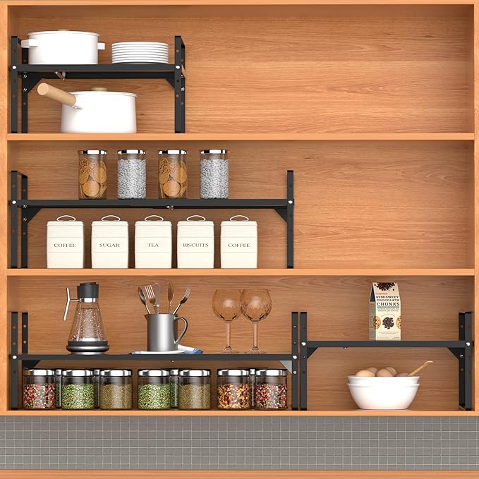 iPEGTOP 2 Pack Expandable Cabinet Storage Shelf Organizer Rack, Heavy Duty Steel Metal Spice Rack Adjustable Height Office Garage Pantry Shelf Space Riser for Counter Kitchen Organization, Black-Ruum Studio Home