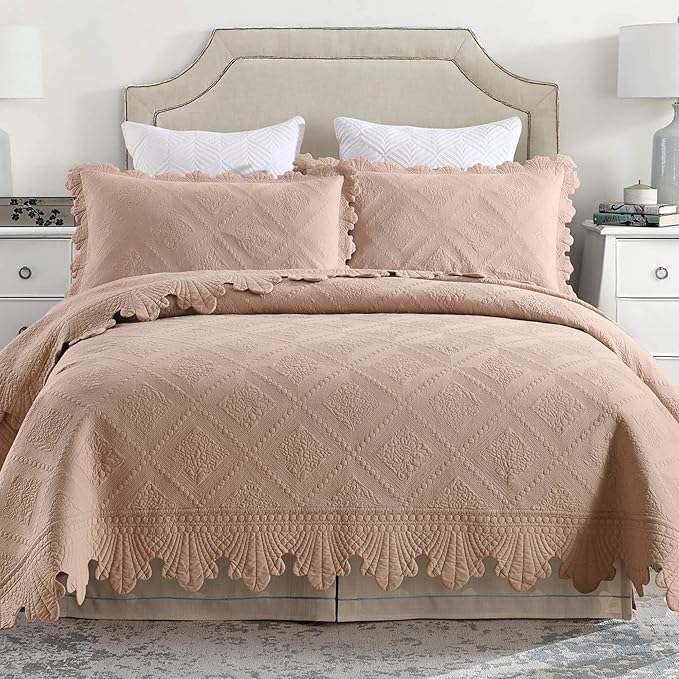MarCielo 3-Piece 100% Cotton Oversized Bedspread Lightweight Quilt Coverlet Embroidery Farmhouse Bedding Set (TK Pale Taupe Camel, Oversized King (118"x106"))-Ruum Studio Home