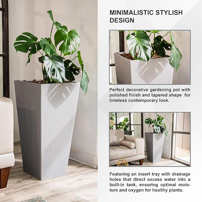 XBrand Modern 30-Inch Tall Square Planter, Tapered, Perfect for Indoor & Outdoor, Patio Decor, Set of 2, Gray-Ruum Studio Home