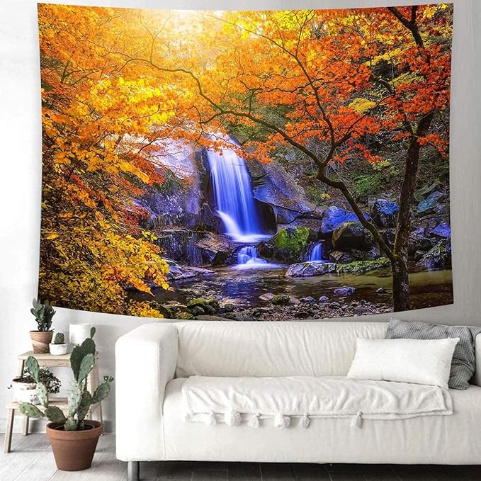 Delur Waterfall Tapestry Forest Nature Scenic Tree Mountain Sunset Tapestry Wall Hanging Natural Landscape Sunrise Headboard for Bedroom Living Room Home Decor (70.8" x 92.5")-Ruum Studio Home