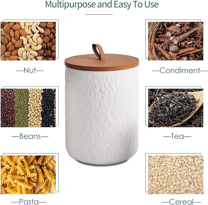 JOJUNO White Ceramic Canister Set with Wooden Lid, 3-Piece Airtight Food Storage Jars for Kitchen Counter - Flour, Sugar, Coffee, Tea, Spice - Small, Medium, Large Sizes - Stone Texture-Ruum Studio Home
