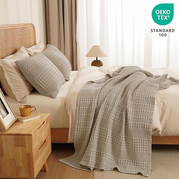 PHF 100% Cotton Waffle Weave Throw Blanket, Soft Lightweight Breathable Cozy Summer Throws for Couch Bed Sofa, Luxury Aesthetic Woven Blanket for Home Decor & Office, 50"x60", Simply Taupe-Ruum Studio Home