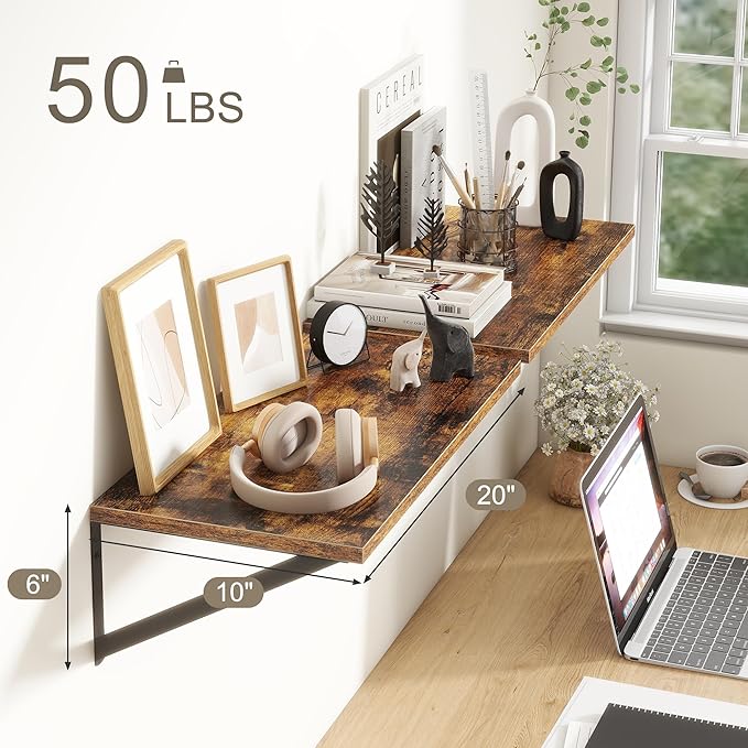 Fun Memories 20 Inch Floating Shelves, Deep Wall Shelves for Kitchen, 20 x 10 Floating Shelf for Living Room, Bedroom, Farmhouse Floating Shelves for Home Decor Storage, Rustic Brown, Set of 2-Ruum Studio Home