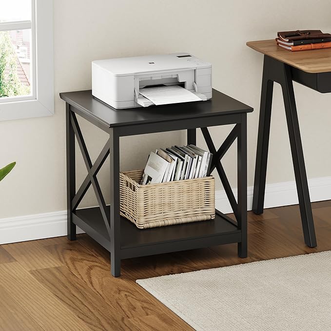 ChooChoo End Table, 24 Inch End Table with 2-Tier Storage Shelf, Side Table for Living Room, Wood Nightstand for Bedroom, Office, Painted Surface, Black-Ruum Studio Home