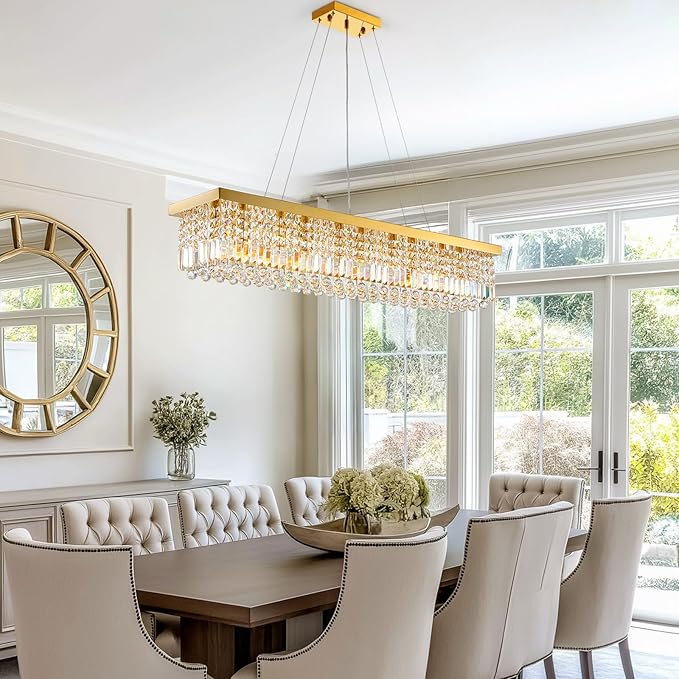 10 Lights Modern Crystal Chandelier, Gold K9 Rectangle Rectangular Chandeliers,Luxury Flush Mount Pendant Ceiling Light for Dining Room Kitchen Island L47''xW10''xH10''-Ruum Studio Home