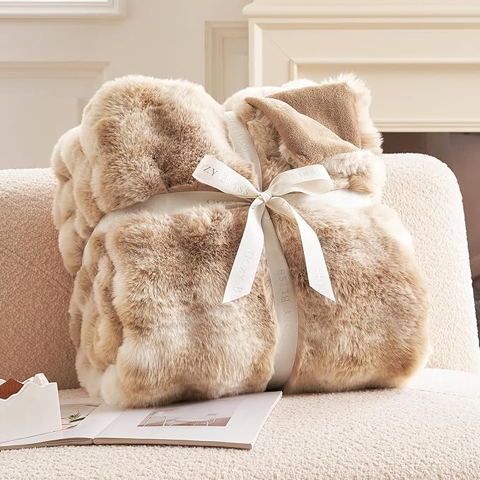 Cozy Bliss Faux Fur Throw Blanket for Couch, Fuzzy Soft Plush Thick Bubble Blanket for Sofa Bedroom Living Room, 50 * 60 Inches Tie-dye Beige-Ruum Studio Home