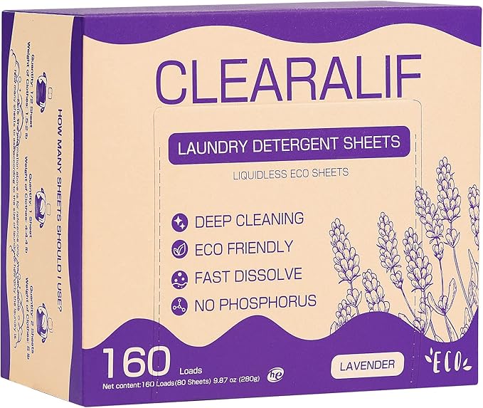 CLEARALIF Laundry Detergent Sheets 80 Sheets (Up to 160 Loads), Lavender - Great For Apartments, Dorms,Eco Friendly-Ruum Studio Home