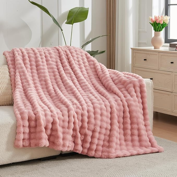 NEWCOSPLAY Faux Fur Twin Blanket Pink Bubble Blanket Thick Warm Soft for Couch Sofa Bed 550GSM (Pink, Twin(60"x80"))-Ruum Studio Home