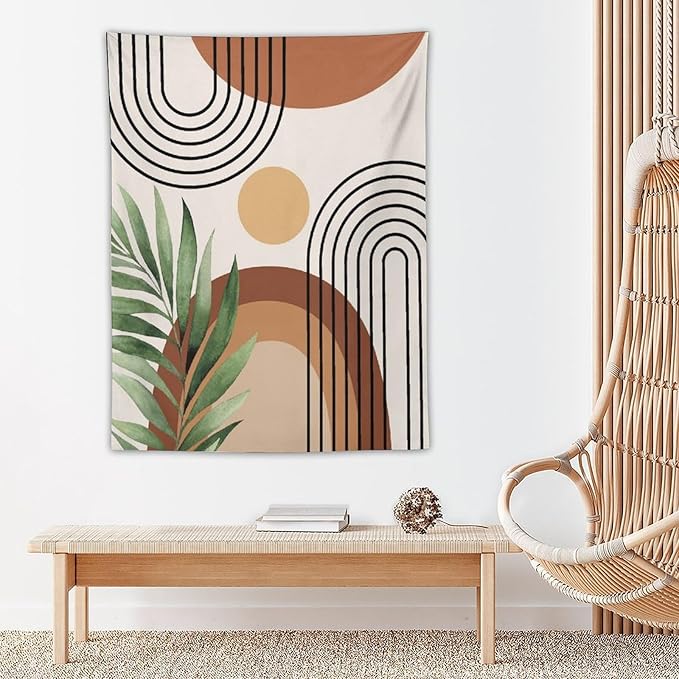 Abstract Bohemian Mid Century Tapestry, Tropical Leaves Modern Geometric Archway Minimalist Bohemian Botanical Aesthetic Wall Hanging, Sage Green Gold Home Decor Art for Bedroom 50x60 Inch-Ruum Studio Home