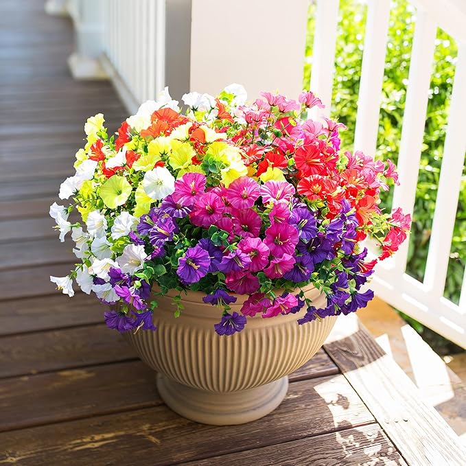 Artificial Flowers for Outdoors Fake Plants Outside Decoration, 12 Bundles Silk Colorful Morning Glory with Eucalyptus UV Resistant Realistic Faux Flowers for Planter Porch Patio Yard Garden-Ruum Studio Home