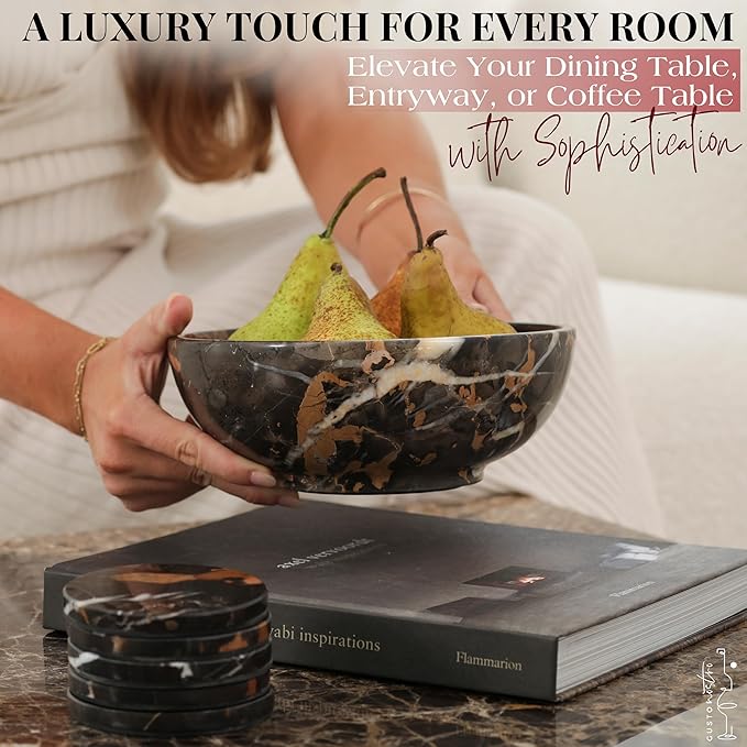 Gusto Nostro 8" Luxury Black Marble Decorative Bowl for Coffee Table - Elegant Decorative Fruit Bowl for Kitchen Counter - Heavy Stone Entryway Catch All for Keys, Potpourri Holder Centerpiece, Medium-Ruum Studio Home