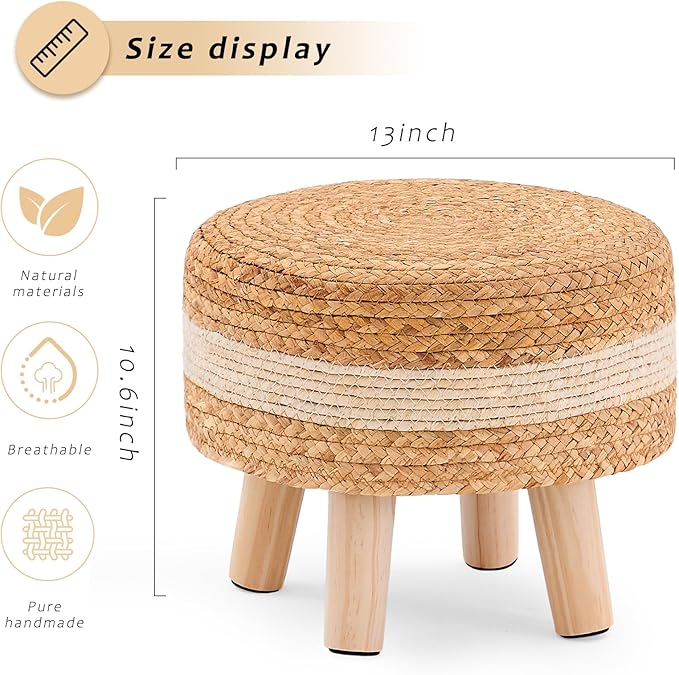 Handwoven Round Ottoman, Natural Water Hyacinth Outdoor Patio Pouf Seagrass Low Stool with Wood Legs, Soft Padded Footrest for Living Room Bedroom Garden, White-Ruum Studio Home