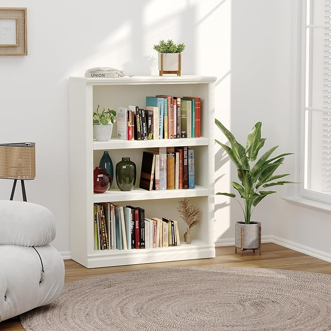 43 in Tall Bookcase, 3-Tier Bookshelf Open Storage, 33 inch Wide Floor Standing Indoor Furniture, Book Cases for Home School Library Office Bedroom Kids, White 3 Tiers-Ruum Studio Home