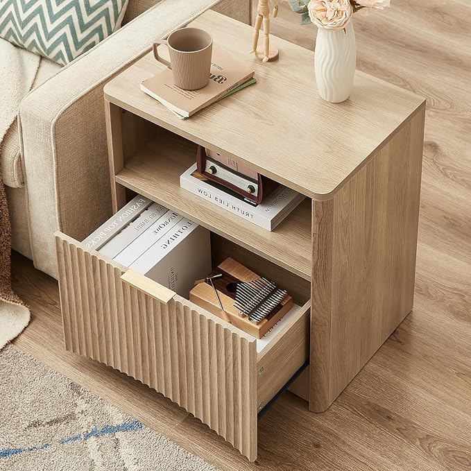 Fluted Nightstand, Natural Oak Bedside Table with Drawer and Storage, Wood End Table Mid Century Modern, Large Night Stand for Bedroom-Ruum Studio Home