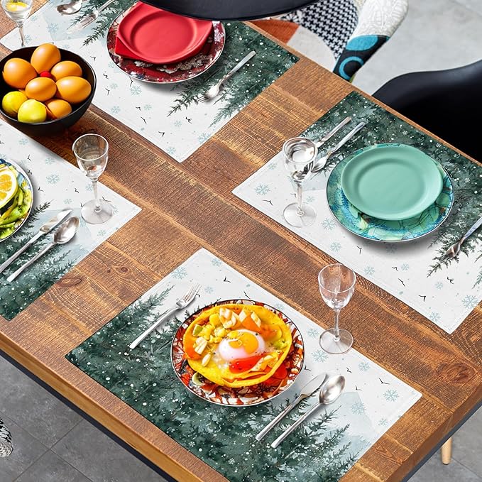 Winter Pine Tree Snowflake Placemats Set of 4 Christmas Snow Green Forest Place Mat 12x18 Inch Seasonal Xmas Holiday Rustic Nature Washable Fabric Table Mats for Farmhouse Kitchen Dining Decoration-Ruum Studio Home