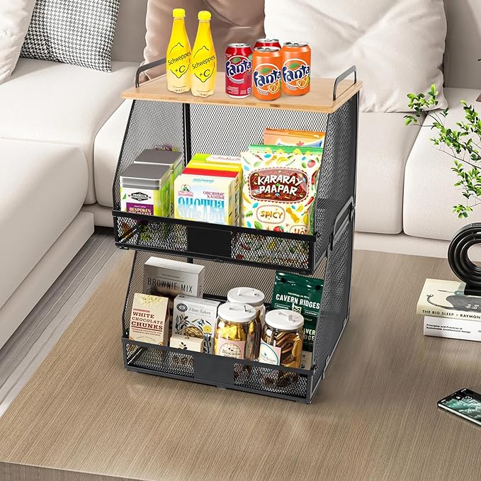 2 Tier Stackable Hanging fruit basket for kitchen counter,hanging Wall baskets with Bamboo Tops & Tag,Wire basket for Cabinet Shelf Countertop Pantry Organizer Bins, onion potato Vegs Bread Organizing-Ruum Studio Home