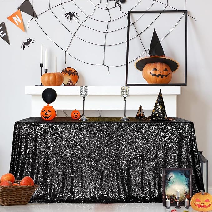 SquarePie Sequin Tablecloth 90 x 156 Inch Black Sparkly Table Linen for Wedding Halloween Party-Ruum Studio Home