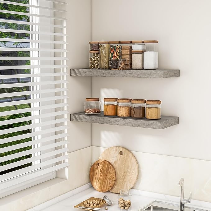 RICHFOCUS 31.5Inch Floating Shelves for Wall 2 Pack Shelves for Bedroom|Kitchen|Bathroom Wall Mounted Rustic Wood Floating Shelf with Invisible Brackets for Books|Storage|Decor, Grey-Ruum Studio Home
