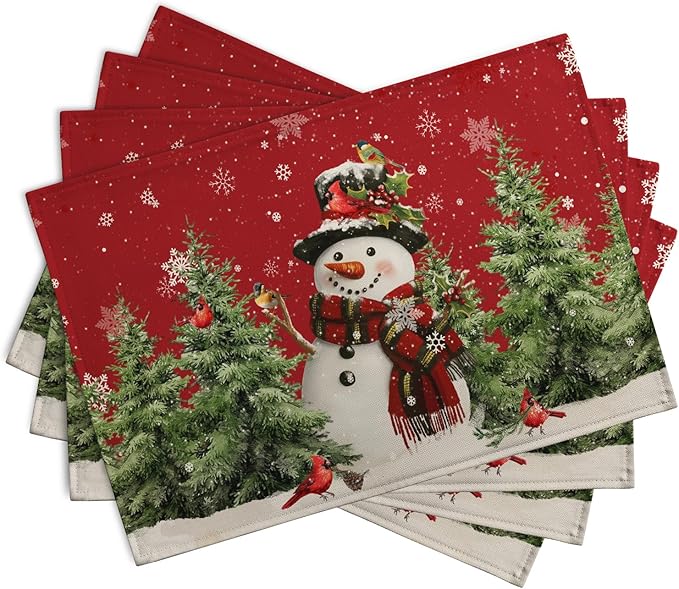 Snowman Christmas Red Placemats Set of 4 Xmas Tree Cardinal Snowflakes Linen Table Mats Seasonal Winter Holiday Place Mats Washable Placemat for Party Kitchen Dining Outdoor Indoor Decor-Ruum Studio Home