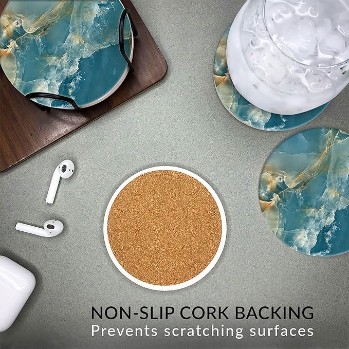 Emerson Coasters for Drinks Absorbent – Natural Stone Drink Coasters Set with Holder, Coasters for Coffee Table, Wooden Tabletop Protection Marble Style – 100% Heavy Duty Set of 6 (Seaside)-Ruum Studio Home