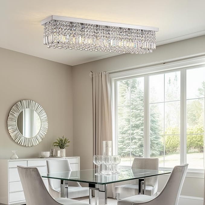 Modern Crystal Chandelier, 8-Lights Rectangle Chandelier Rectangular Flush Mount Pendant Ceiling Light Fixture K9 Crystal Raindrop Chandeliers for Dining Living Room Kitchen Island 𝐋𝟒𝟎 𝐈𝐧𝐜𝐡-Ruum Studio Home