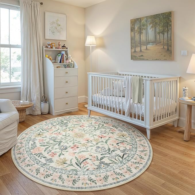 Wonnitar Floral Round Rugs 6ft, Boho Large Machine Washable Circle Rug, Low Pile Soft Flower Botanical Print Beige Round Carpet for Living Room Bedroom Dorm Sunroom-Ruum Studio Home