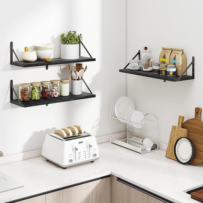 Heimlove 24 Inches Black Floating Shelves,8 Inches Deep Wall Bookshelf Mounted Display&Storage Wood Wall Shelves for Kitchen Bathroom Laundry Living Room,Set of 3-Ruum Studio Home
