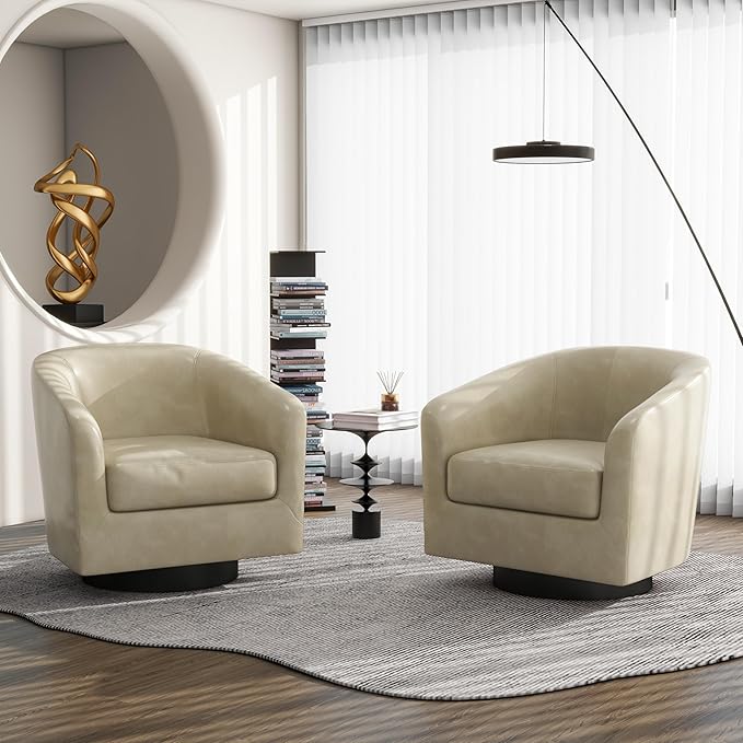 Swivel Barrel Accent Chair, Modern Round Faux Leather Arm Chair for Living Room, Bedroom, Comfy Club Reading Chairs for Adults, Faux Leather, Cream, Set of 1-Ruum Studio Home