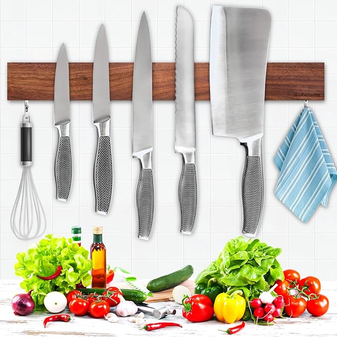 Magnetic Knife Holder for Wall, Magnetic Knife Strip No Drilling 16 Inch, Walnut Wood Magnet knife holder strip with 2 Hooks, Powerful Magnet Knife rack for Kitchen Utensils, Knives and Tools-Ruum Studio Home