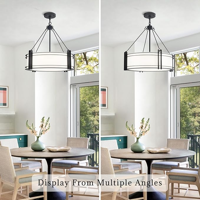 20.4''Drum Chandelier,5-Light Fabric Modern Chandeliers,Black Farmhouse Round Pendant Light Fixture for Dining Room Kitchen Island Living Room Bedroom Hallway-Ruum Studio Home