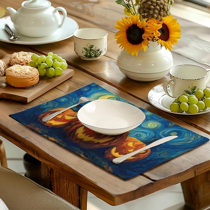 Halloween Placemats Set of 4 Pumpkin Vincent Van Gogh Starry Night Art Linen Table Mats 12x18 Inch Jack O Lantern Farmhouse Place Mats for Party Kitchen Dining Outdoor Indoor Decor-Ruum Studio Home