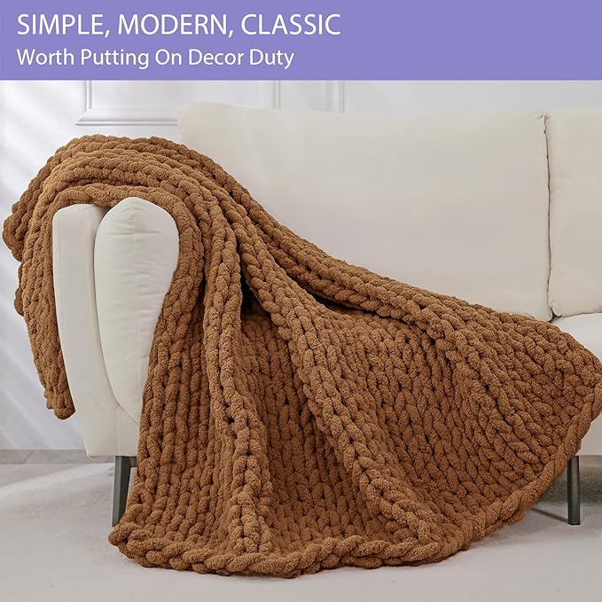 Bigacogo Chunky Knit Throw Blanket for Couch, 40x60 inches, 100% Hand Knitted with Thick Jumbo Chenille Yarn, Cozy Soft Large Rope Knot Cable Crochet Blankets for Sofa Bed Living Room, Caramel-Ruum Studio Home