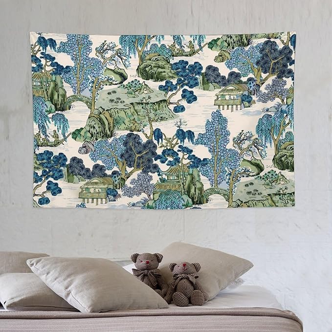 Chinoiserie Tapestry,Asian Watercolor Abstract Art Tapestry,Asian Japanese Wall Tapestry, Nature Landscape Tapestries for Bedroom Living Room Decor 60"x40"-Ruum Studio Home
