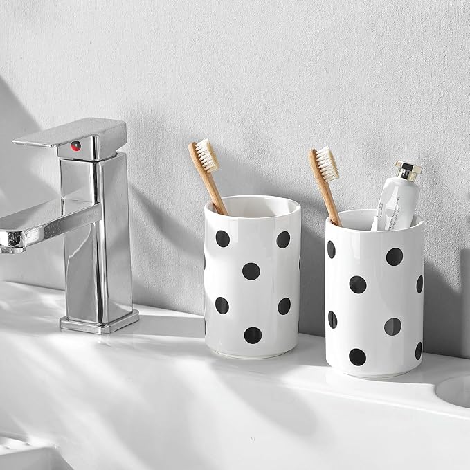 Black Polka Dot Ceramic Toothbrush Holders White - 2 Cups Toothbrush Holders for Bathrooms Toothbrush Toothpaste Holders, White Bathroom Tumbler Cups, Reusable Toothbrush Cups-Ruum Studio Home