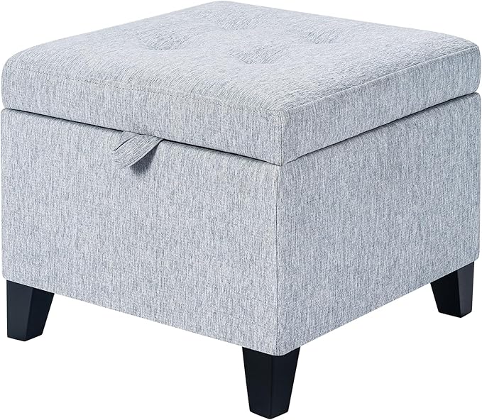 Adeco 18 Inch High Cube Ottoman Storage, Linen Chair Foot Stools, Upholstered Vanity Stool with Hinged Lid, Solid Wood Legs-Ruum Studio Home