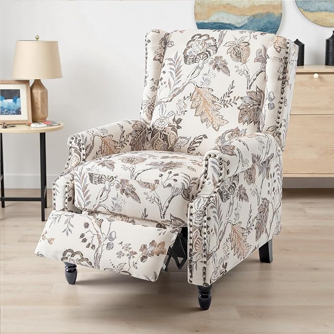 UIXE Pushback Recliner Chair, Fabric Upholstered Armchair Push Back Accent Chair for Living Room, Rivet Trim Home Theater Single Sofa Bedroom Reading Seat with Footrest - Beige Plants-Ruum Studio Home