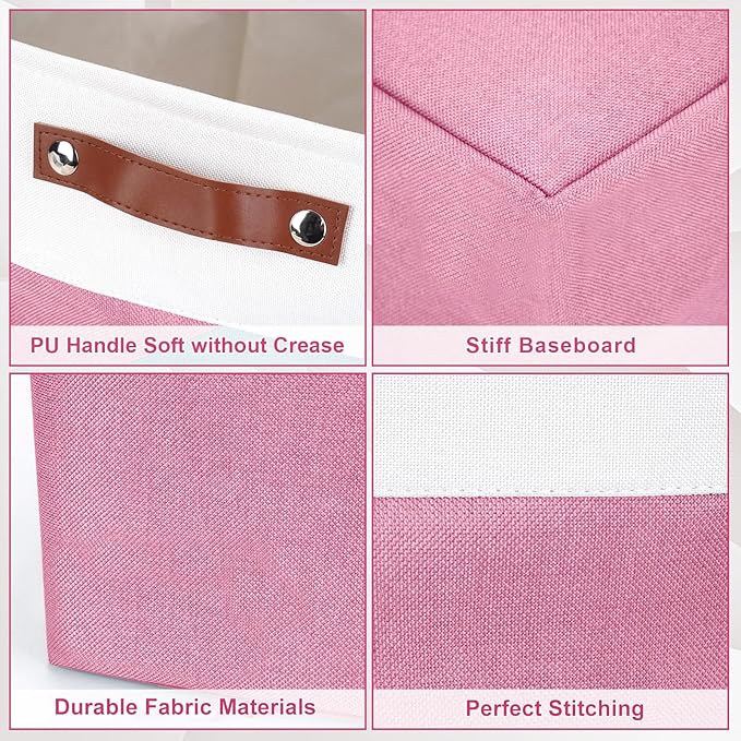 Large Fabric Storage Baskets | 50L Storage Bins, Decorative Linen Closet Baskets with Handles for Organizing, Shelf, Toys, Clothes, Home, Office, Nursery, 17x12x15Inches (Pink&White)-Ruum Studio Home