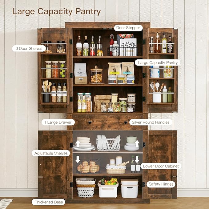 usikey 72” Kitchen Pantry Cabinet, Tall Storage Cabinet with 4 Doors and 1 Drawer, Freestanding Cupboard with 6 Hanging Shelves and Adjustable Shelves for Kitchen, Living Room, Rustic Brown-Ruum Studio Home