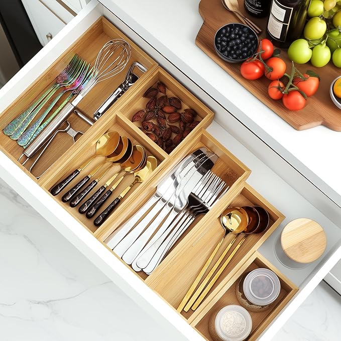 Bamboo Drawer Organizer Set, 5 PCS Multi-Use Individual Wood Storage Organizers, Junk Drawer Divider and Storage Trays Containers for Kitchen, Bathroom, Office Desk, Makeup, Jewelry, Utensils-Ruum Studio Home