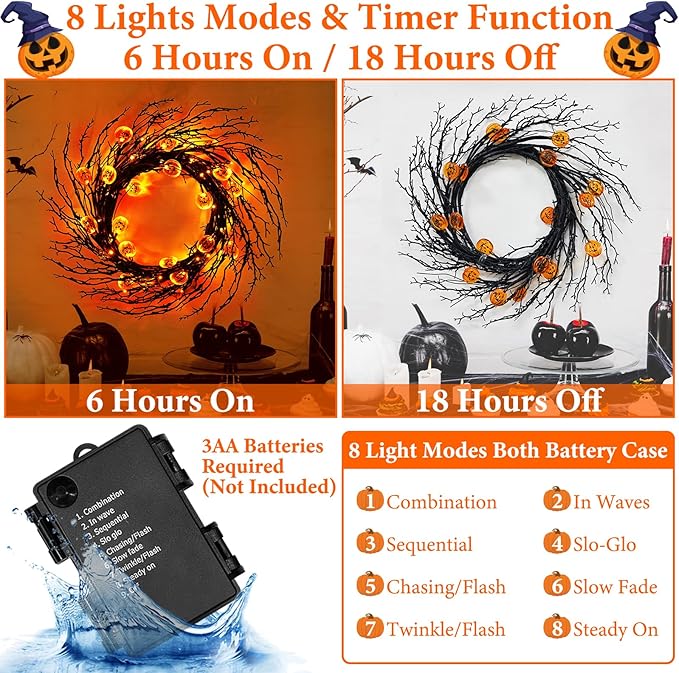 7 Ft 63 LED Halloween Decorations Willow Vine Twig Garland with 8 Modes Timer 21 Pumpkin Orange Lights, Halloween Garland with Waterproof Battery Operated for Indoor Wall Fireplace Decorations-Ruum Studio Home
