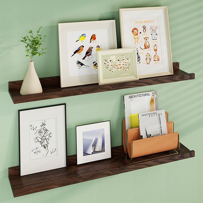 Floating Picture Ledge Shelves 36 Inch Solid Oak Wood Set of 2, Rustic Wall Storage Shelves with Lip, Kids Bookshelf, Photo & Picture Ledge Shelves for Bedroom, Living Room, Kitchen-Ruum Studio Home